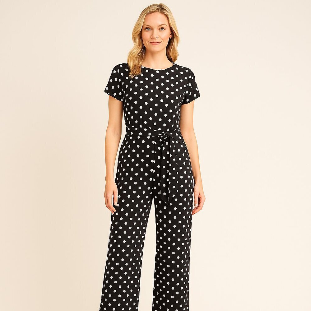 Calvin Klein Black Polka Dot Jumpsuit | Size 4 | Belted, Back Zip, Short Sleeve